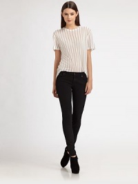Finespun, semi-sheer modal, tailored in a classic style and patterned with crisp pinstripes.CrewneckShort sleevesModalDry cleanMade in Italy of imported fabricModel shown is 5'10½ (179cm) wearing US size Small. Finespun, semi-sheer modal, tailored in a classic style and patterned with crisp pinstripes.CrewneckShort sleevesModalDry cleanMade in Italy of imported fabricModel shown is 5'10½ (179cm) wearing US size Small.