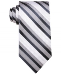 A clean classic stripe gives this Perry Ellis tie instant presence in your wardrobe. A clean classic stripe gives this Perry Ellis tie instant presence in your wardrobe.