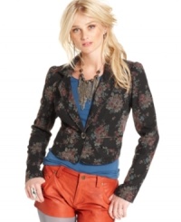 An allover floral print adds femme appeal to this Free People denim blazer -- a hot fall topper! An allover floral print adds femme appeal to this Free People denim blazer -- a hot fall topper!