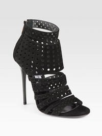 A fierce lacquered heel lifts this silhouette in rich Italian suede with skin-baring perforated details. Lacquered heel, 4¾ (120mm)Suede upperBack zipLeather lining and solePadded insoleMade in Italy A fierce lacquered heel lifts this silhouette in rich Italian suede with skin-baring perforated details. Lacquered heel, 4¾ (120mm)Suede upperBack zipLeather lining and solePadded insoleMade in Italy