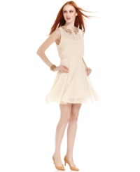A floral-embellished and beaded peter pan collar adds hot, high-shine style to this sweet Bar III chiffon dress -- perfect for a darling dressed-up look! A floral-embellished and beaded peter pan collar adds hot, high-shine style to this sweet Bar III chiffon dress -- perfect for a darling dressed-up look!