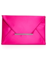 Add a touch of satin to your evening out with this impossibly chic clutch from BCBGMAXAZRIA. The ultra-slim envelope design is accented with signature-embossed hardware and discretely stows cards, cash ID and favorite lip gloss.