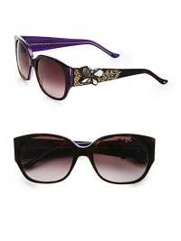 THE LOOKPlastic variegated framesRounded square shapeAustrian stone butterfly and leaf details on temples and tipsUVA and UVB protectiveTHE COLORAmethyst frames with gradient smoke lensesORIGINImported THE LOOKPlastic variegated framesRounded square shapeAustrian stone butterfly and leaf details on temples and tipsUVA and UVB protectiveTHE COLORAmethyst frames with gradient smoke lensesORIGINImported