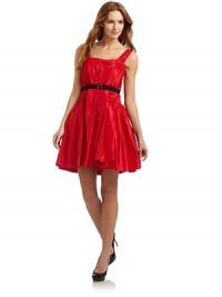 THE LOOKSquare necklineSleevelessRuched bodice detailGrosgrain belt cinches waistFull, pleated skirtA-line silhouetteExposed back zipperTHE FITAbout 36 from shoulder to hemTHE MATERIALPolyesterCARE & ORIGINDry cleanImportedModel shown is 5'10 (177cm) wearing US size 4. THE LOOKSquare necklineSleevelessRuched bodice detailGrosgrain belt cinches waistFull, pleated skirtA-line silhouetteExposed back zipperTHE FITAbout 36 from shoulder to hemTHE MATERIALPolyesterCARE & ORIGINDry cleanImportedModel shown is 5'10 (177cm) wearing US size 4.