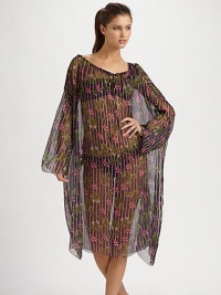 Airy and so very pretty, this design features a pinstripe-floral print that is to die for.Drawstring necklineLong flutter sleevesSilkDry cleanMade in Italy Airy and so very pretty, this design features a pinstripe-floral print that is to die for.Drawstring necklineLong flutter sleevesSilkDry cleanMade in Italy