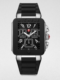 From the Jelly Bean Collection. A technical timepiece with glossy enamel accents and a playful, silicone strap. Swiss quartz movementWater resistant to 5 ATMRectangular stainless steel case, 33mm (1.3) X 35.5mm (1.4)Logo embellished black enamel bezelBlack enamel chronograph dialNumeric and dot hour markersSecond hand Black silicone strapImported From the Jelly Bean Collection. A technical timepiece with glossy enamel accents and a playful, silicone strap. Swiss quartz movementWater resistant to 5 ATMRectangular stainless steel case, 33mm (1.3) X 35.5mm (1.4)Logo embellished black enamel bezelBlack enamel chronograph dialNumeric and dot hour markersSecond hand Black silicone strapImported