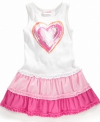 Pretty in pink. A sparkly graphic heart will show much she loves wearing this ruffly colorblock print dress from Flapdoodles. Pretty in pink. A sparkly graphic heart will show much she loves wearing this ruffly colorblock print dress from Flapdoodles.