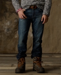 The signature slouch-fitting Saginaw jean gets a rustic update with a dark, worn-in indigo hue and a hand-sanded wear pattern for effortless comfort. The signature slouch-fitting Saginaw jean gets a rustic update with a dark, worn-in indigo hue and a hand-sanded wear pattern for effortless comfort.