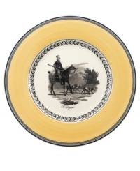Mix and match, choosing dinner plates from four patterns of black-and-white French country scenes and designs on white porcelain banded in yellow. From Villeroy & Boch. Mix and match, choosing dinner plates from four patterns of black-and-white French country scenes and designs on white porcelain banded in yellow. From Villeroy & Boch.
