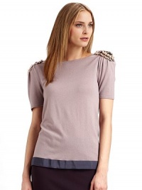 Bold, embellished shoulders give a modern day appeal to this ultra soft short-sleeve style.Bateau neckline Embellished shoulders Short sleeves Grosgrain ribbon trimmed hem About 24 from shoulder to hem 50% virgin wool/35% cashmere/15% silk Dry clean Made in Italy Bold, embellished shoulders give a modern day appeal to this ultra soft short-sleeve style.Bateau neckline Embellished shoulders Short sleeves Grosgrain ribbon trimmed hem About 24 from shoulder to hem 50% virgin wool/35% cashmere/15% silk Dry clean Made in Italy