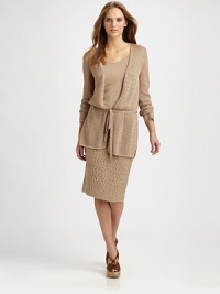 Intricate stitching gives this muted classic an intriguing look with a body-flattering, self-tie belt.Open-front designLong sleevesSelf-tie beltSide slitsAbout 29 from shoulder to hem56% rayon/44% cottonDry cleanImported Model shown is 5'10½ (179cm) wearing US size Small. Intricate stitching gives this muted classic an intriguing look with a body-flattering, self-tie belt.Open-front designLong sleevesSelf-tie beltSide slitsAbout 29 from shoulder to hem56% rayon/44% cottonDry cleanImported Model shown is 5'10½ (179cm) wearing US size Small.