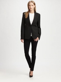 Tailored to perfection-- this lightweight topper has buttoned, and front besom pockets and a length that hits below the hips. Notched lapelSingle button closureLong sleeves with buttoned cuffsFront besom pocketsFully linedAbout 26 from shoulder to hem48% polyester/48% viscose/4% elastaneDry cleanImportedModel shown is 5'10 (177cm) wearing US size 2. Tailored to perfection-- this lightweight topper has buttoned, and front besom pockets and a length that hits below the hips. Notched lapelSingle button closureLong sleeves with buttoned cuffsFront besom pocketsFully linedAbout 26 from shoulder to hem48% polyester/48% viscose/4% elastaneDry cleanImportedModel shown is 5'10 (177cm) wearing US size 2.