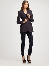 Signature tweed in a sophisticated single-breasted blazer, nipped and gathered at the waist for a flattering, feminine shape.Notch collarDefined shouldersElbow padsBack-belt at waistWelt pocketsGathered below waistAbout 27 from shoulder to hem45% wool/36% acrylic/19% cottonDry cleanMade in USA of imported fabricModel shown is 5'9½ (176cm) wearing US size 4.