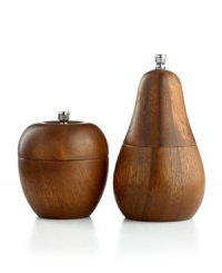 Fresh from the tree. Apple and pear-shaped salt and pepper grinders crafted of handsome acacia wood offer an all-natural way to spice up the table. Fresh from the tree. Apple and pear-shaped salt and pepper grinders crafted of handsome acacia wood offer an all-natural way to spice up the table.