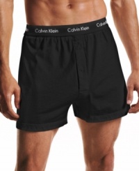 Cool and comfortable, these knit cotton boxers from Calvin Klein make a great choice for any day of the week. Cool and comfortable, these knit cotton boxers from Calvin Klein make a great choice for any day of the week.