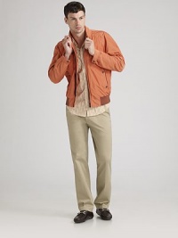 Clean-cut and crisp with a hint of stretch comfort, classically tailored with straight legs. Side slash, back welt pockets Inseam, about 32 Cotton/spandex; dry clean Imported Clean-cut and crisp with a hint of stretch comfort, classically tailored with straight legs. Side slash, back welt pockets Inseam, about 32 Cotton/spandex; dry clean Imported