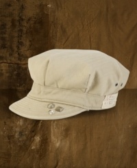 Paint splatters and antiqued metal rivets toughen up a herringbone twill military cap for an edgy addition that goes with everything. Paint splatters and antiqued metal rivets toughen up a herringbone twill military cap for an edgy addition that goes with everything.