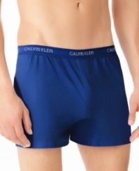 These boxers from Calvin Klein are shorter than your traditional pair, giving them a sleeker style while maintaining a roomy and cozy fit. These boxers from Calvin Klein are shorter than your traditional pair, giving them a sleeker style while maintaining a roomy and cozy fit.