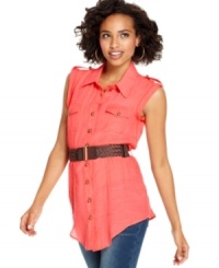 Featuring shoulder epaulets and a waist-cinching woven belt, this button-down, safari-style tunic from BCX nails casual-chic style! Featuring shoulder epaulets and a waist-cinching woven belt, this button-down, safari-style tunic from BCX nails casual-chic style!