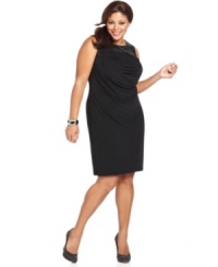 Show off your shimmer this holiday season in Spense's sleeveless plus size dress, accented by a sequined yoke and draped front. Show off your shimmer this holiday season in Spense's sleeveless plus size dress, accented by a sequined yoke and draped front.