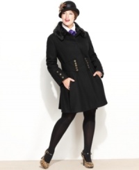 The charm of Betsey Johnson's plus size coat is all in the details! A corset-inspired waist features luxe goldtone buttons for a figure-flattering look. The charm of Betsey Johnson's plus size coat is all in the details! A corset-inspired waist features luxe goldtone buttons for a figure-flattering look.