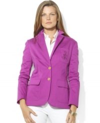 Lustrous signature buttons and Lauren Ralph Lauren's iconic monogram luxuriously accent a trim blazer crafted from smooth stretch sateen. Lustrous signature buttons and Lauren Ralph Lauren's iconic monogram luxuriously accent a trim blazer crafted from smooth stretch sateen.