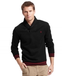 Varsity gets grown up in this shawl-collar fleece sweater from Izod. Varsity gets grown up in this shawl-collar fleece sweater from Izod.