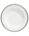 Vera Wang marries modern shapes with traditional lace in this set of dinnerware. The dishes are decidedly timeless. Platinum trim and banding add delicate feminine touches to this white bone china vegetable bowl.