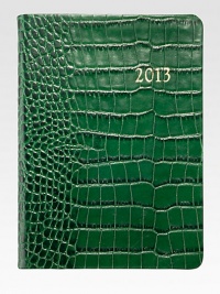 The ideal social agenda, featuring month-at-a-view and week-at-a-view pages, daily note pages plus maps, travel and holiday information.Hand-crafted, Smyth-sewn crocodile-embossed leather coverGilt-edged acid-free creamy white paperAbout 5½W X 7½HMade in USA The ideal social agenda, featuring month-at-a-view and week-at-a-view pages, daily note pages plus maps, travel and holiday information.Hand-crafted, Smyth-sewn crocodile-embossed leather coverGilt-edged acid-free creamy white paperAbout 5½W X 7½HMade in USA