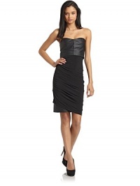 THE LOOKFaux leather bodice Sweetheart neckline Contrast skirtSide ruchingTHE FITAbout 35 from shoulder to hemTHE MATERIALBodice: polyurethaneSkirt: 95% polyester/5% spandexCARE & ORIGINHand washImportedModel shown is 5'10 (177cm) wearing US size Small. THE LOOKFaux leather bodice Sweetheart neckline Contrast skirtSide ruchingTHE FITAbout 35 from shoulder to hemTHE MATERIALBodice: polyurethaneSkirt: 95% polyester/5% spandexCARE & ORIGINHand washImportedModel shown is 5'10 (177cm) wearing US size Small.