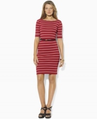 Tailor stripes and anchor-embossed buttons give a seafaring spirit to Lauren by Ralph Lauren's fine-ribbed cotton dress, accented with rope belt at the waist for a chic finishing touch. Tailor stripes and anchor-embossed buttons give a seafaring spirit to Lauren by Ralph Lauren's fine-ribbed cotton dress, accented with rope belt at the waist for a chic finishing touch.