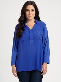 Inspired by the classic blouse, a soft-jersey pullover with a relaxed-yet-feminine fit. Pair this top with slim-fitting pants. Collar neckRoll-tab sleevesPatch pocketsAbout 26 from shoulder to hemRayonMachine washMade in USA Inspired by the classic blouse, a soft-jersey pullover with a relaxed-yet-feminine fit. Pair this top with slim-fitting pants. Collar neckRoll-tab sleevesPatch pocketsAbout 26 from shoulder to hemRayonMachine washMade in USA