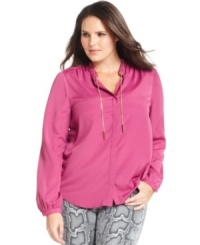 Unlock polished casual style with MICHAEL Michael Kors' long sleeve plus size blouse, accented by a chain neckline. Unlock polished casual style with MICHAEL Michael Kors' long sleeve plus size blouse, accented by a chain neckline.
