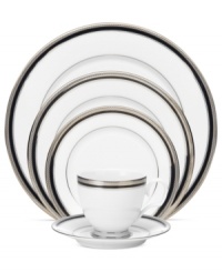 An instant classic, the Austin Platinum place setting from Noritake layers ribbons of black with patterned platinum bands and shimmering dots. White porcelain grounds the timeless dinnerware, a flawless choice for fine occasions.