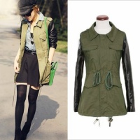 Donner® Woman Military Army Green Contrasting Black PU Leather Sleeved Jacket Trench Coat Donner® Woman Military Army Green Contrasting Black PU Leather Sleeved Jacket Trench Coat