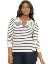 Lauren Ralph Lauren's classic striped crewneck plus size Henley is accented by unexpected elements of chambray at the placket and a charming patch pocket. Lauren Ralph Lauren's classic striped crewneck plus size Henley is accented by unexpected elements of chambray at the placket and a charming patch pocket.
