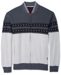 Beat the winter chill in this cozy and stylish Sean John cardigan with a zip front and a classic fair isle print. Beat the winter chill in this cozy and stylish Sean John cardigan with a zip front and a classic fair isle print.