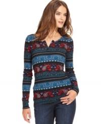 A paisley print adds pops of color to this Lucky Brand Jeans thermal top -- a stylish spin on a wardrobe staple! A paisley print adds pops of color to this Lucky Brand Jeans thermal top -- a stylish spin on a wardrobe staple!
