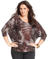 Dazzle in Seven7 Jeans' three-quarter-sleeve plus size top, featuring a snakeskin-print!