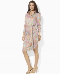 A classic shirtdress is rendered in bold paisley cotton poplin and finished with a self-belt waist for a figure-flattering fit, from Lauren by Ralph Lauren. A classic shirtdress is rendered in bold paisley cotton poplin and finished with a self-belt waist for a figure-flattering fit, from Lauren by Ralph Lauren.