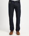 Straight-leg jeans that are tailor made for the gentleman of style who appreciates a look that is refined, yet relaxed. Crafted with suit-inspired detailing and stitching on the front pockets and back yoke for a dapper finish to a denim classic.Five-pocket styleInseam, about 3498% cotton/2% elastaneDry cleanMade in Italy
