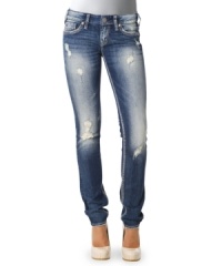 Silver Jeans takes fading to the extreme with these destroyed dark wash skinnies -- a style designed to stand out! Silver Jeans takes fading to the extreme with these destroyed dark wash skinnies -- a style designed to stand out!