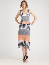 Contrasting stripes and an asymmetrical hemline characterize this utterly soft scoopneck style. ScoopneckSleevelessElasticized drop waistTwisted side detailAsymmetrical hemAbout 33 from natural waistRayonDry cleanImportedModel shown is 5'10 (177cm) wearing US size Small. Contrasting stripes and an asymmetrical hemline characterize this utterly soft scoopneck style. ScoopneckSleevelessElasticized drop waistTwisted side detailAsymmetrical hemAbout 33 from natural waistRayonDry cleanImportedModel shown is 5'10 (177cm) wearing US size Small.