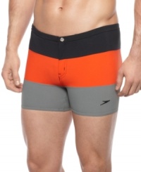 Block it out! Clear your mind and stay comfortable in these stylish square-leg swim trunks from Speedo. Block it out! Clear your mind and stay comfortable in these stylish square-leg swim trunks from Speedo.