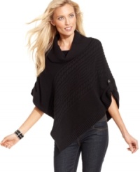 Snuggle into Karen Scott's cozy poncho. Cable-knit at the front and a cowl neckline create an autumn-ready staple, perfect for pairing with jeans! Snuggle into Karen Scott's cozy poncho. Cable-knit at the front and a cowl neckline create an autumn-ready staple, perfect for pairing with jeans!
