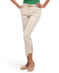 These classic capris from Charter Club feature a slim leg for a flattering fit. Buttons at the cuffs are a cute detail you'll love! These classic capris from Charter Club feature a slim leg for a flattering fit. Buttons at the cuffs are a cute detail you'll love!