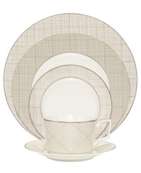 Dressed in a fine diamond grid of bronze and warm taupe, the small square plates in the Veneto collection are tailored for formal dining and everyday elegance in bone china. Not shown. Dressed in a fine diamond grid of bronze and warm taupe, the small square plates in the Veneto collection are tailored for formal dining and everyday elegance in bone china. Not shown.