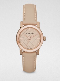 A warm timepiece with a iconic, check stamped dial and a luxurious leather strap. Quartz movementWater resistant to 5 ATMRound rose goldtone stainless steel case, 26mm (1)Smooth bezelNude check stamped dialBar hour markersSecond hand Nude leather strapMade in Switzerland A warm timepiece with a iconic, check stamped dial and a luxurious leather strap. Quartz movementWater resistant to 5 ATMRound rose goldtone stainless steel case, 26mm (1)Smooth bezelNude check stamped dialBar hour markersSecond hand Nude leather strapMade in Switzerland