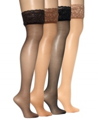 Ooh-la-la! Lovely lace detailing makes these sheer thigh highs from Hanes even more alluring. Sleek sandalfoot puts a seamless look in every step. Ooh-la-la! Lovely lace detailing makes these sheer thigh highs from Hanes even more alluring. Sleek sandalfoot puts a seamless look in every step.