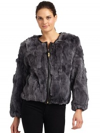 THE LOOKLuxuriously soft pieced rabbit furLeather-trimmed neckline and placketFront zip closureLong sleeves with elastic cuffsDual front slash pocketsElastic leather-banded hemTHE FITAbout 23 from shoulder to hemTHE MATERIALDyed rabbit furFully linedCARE & ORIGINDry clean by fur specialistImportedFur origin: ChinaModel shown is 5'10 (177cm) wearing US size Small. THE LOOKLuxuriously soft pieced rabbit furLeather-trimmed neckline and placketFront zip closureLong sleeves with elastic cuffsDual front slash pocketsElastic leather-banded hemTHE FITAbout 23 from shoulder to hemTHE MATERIALDyed rabbit furFully linedCARE & ORIGINDry clean by fur specialistImportedFur origin: ChinaModel shown is 5'10 (177cm) wearing US size Small.